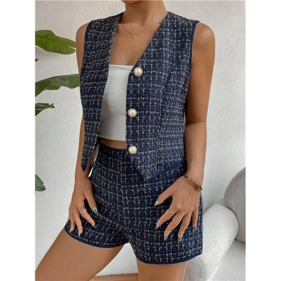 Plaid Print Button Front Vest Blazer & Shorts